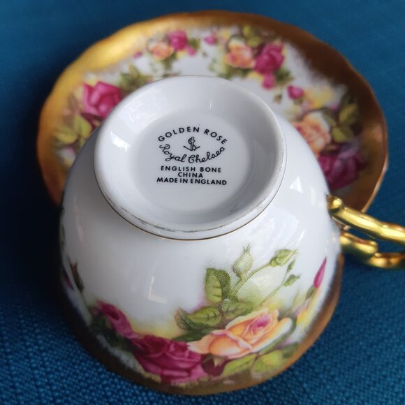 1940s Royal Chelsea Cake Plate, Teacup & Saucer, Golden Rose Bone China Vintage - Picture 2 of 14